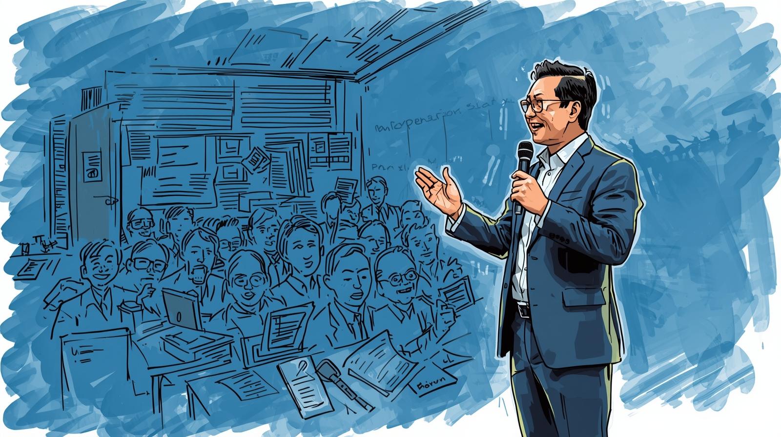 All Show, No Go: When Great Talks Don't Mean Great Books π€ A colour sketch showing a confident East Asian man speaking into a microphone on a stage. Behind him, sketched in a muted blue, is a chaotic, messy office environment with busy, overwhelmed workers.