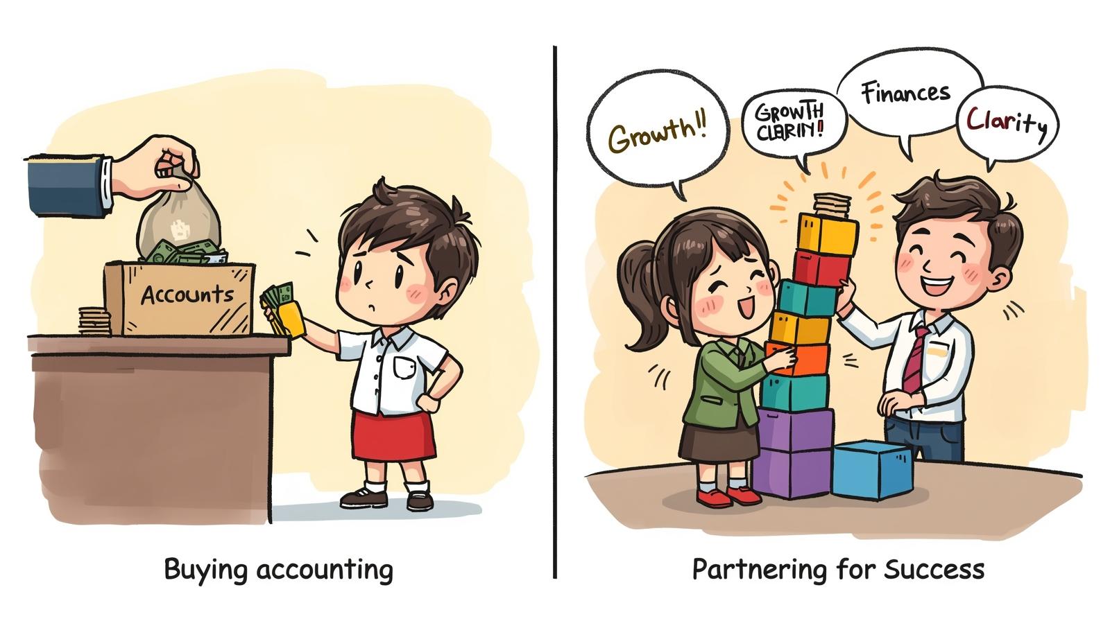 Buying Accounting vs. Partnering for Success π A two-panel cartoon contrasting "Buying accounting" with "Partnering for Success." The left panel shows a child sadly handing money to an impersonal hand for a box. The right panel shows a happy child and a friendly partner building a tower of blocks together with "Growth" and "Clarity" speech bubbles.