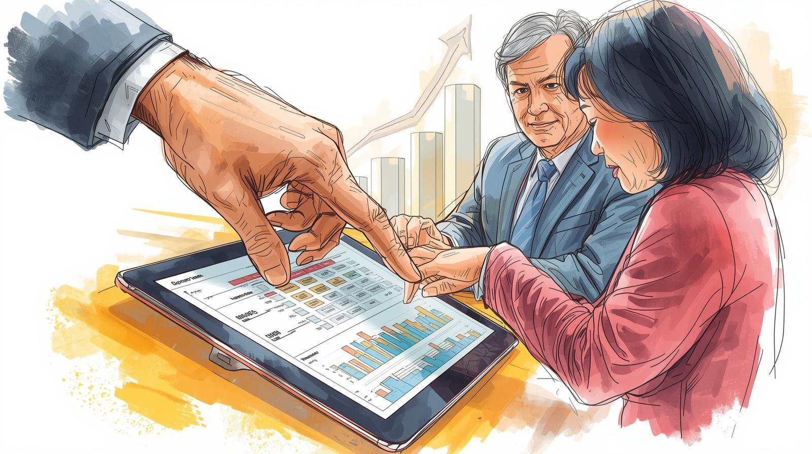 Expert-Led Bookkeeping: A Partner, Not Just a Provider π€ A close-up colour sketch showing a large, experienced hand (from an expert) guiding a business owner's hand as they both point to a detailed financial report on a tablet. In the background, another senior partner looks on as a financial growth chart rises.