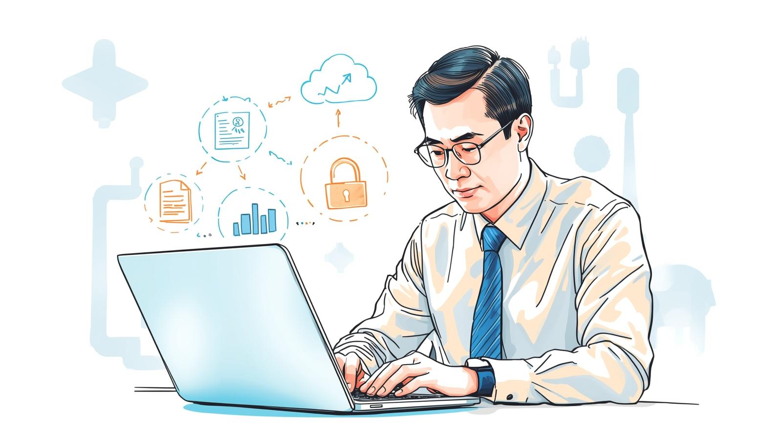 A professional man wearing glasses and a tie works diligently on a laptop. Digital icons representing cloud services, secure data, financial analytics, and documents float around him, symbolizing a digital and accessible accounting approach.