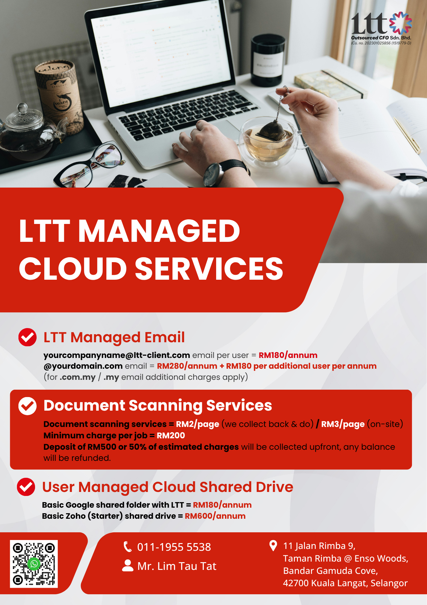 A person typing on a silver laptop with a cup of tea and a transparent teapot on a white desk, alongside a red flyer advertising LTT Managed Cloud Services including email, document scanning, and cloud shared drive details.