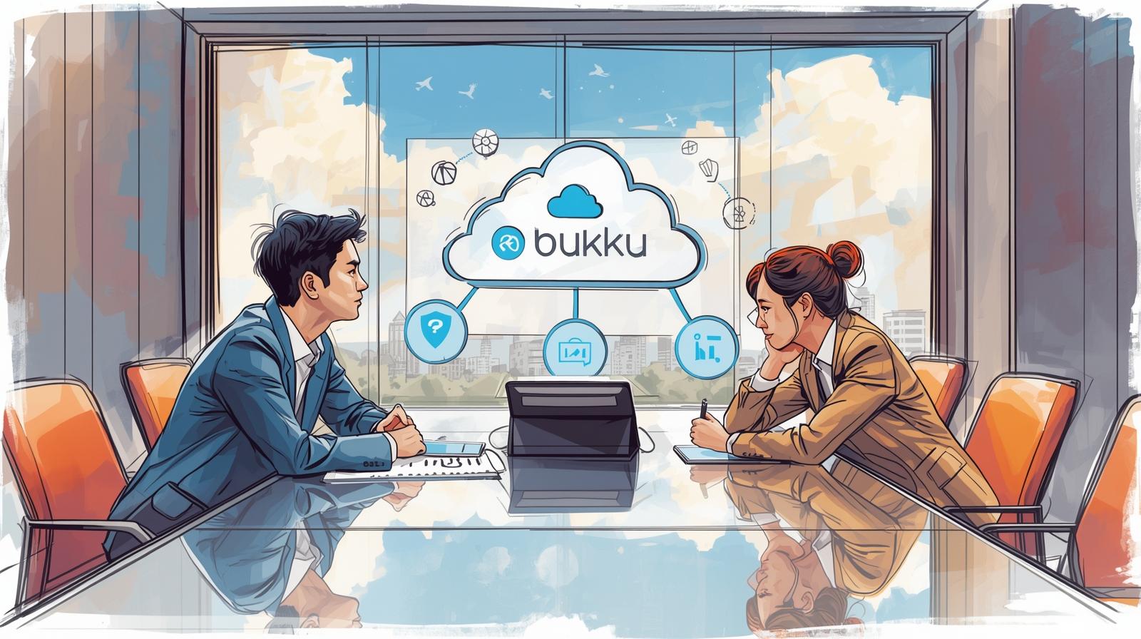 Our Strategy: Specialist Digital Operations βοΈ A colour sketch of a businessman and businesswoman in a modern boardroom. A large window behind them shows a floating cloud icon with the "Bukku" logo, which is connected to other digital service icons.