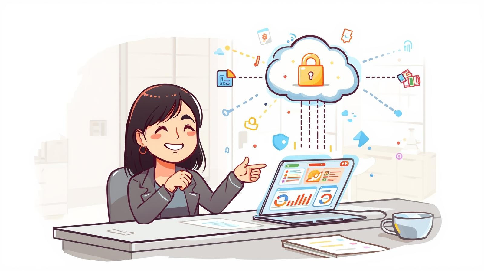 Our Vision: Fully Cloud and Future-Proofed βοΈπ A cute cartoon illustration of a cheerful businesswoman at her desk, pointing to a laptop displaying financial charts. A large cloud icon with a secure padlock floats above, representing a secure, cloud-based system.