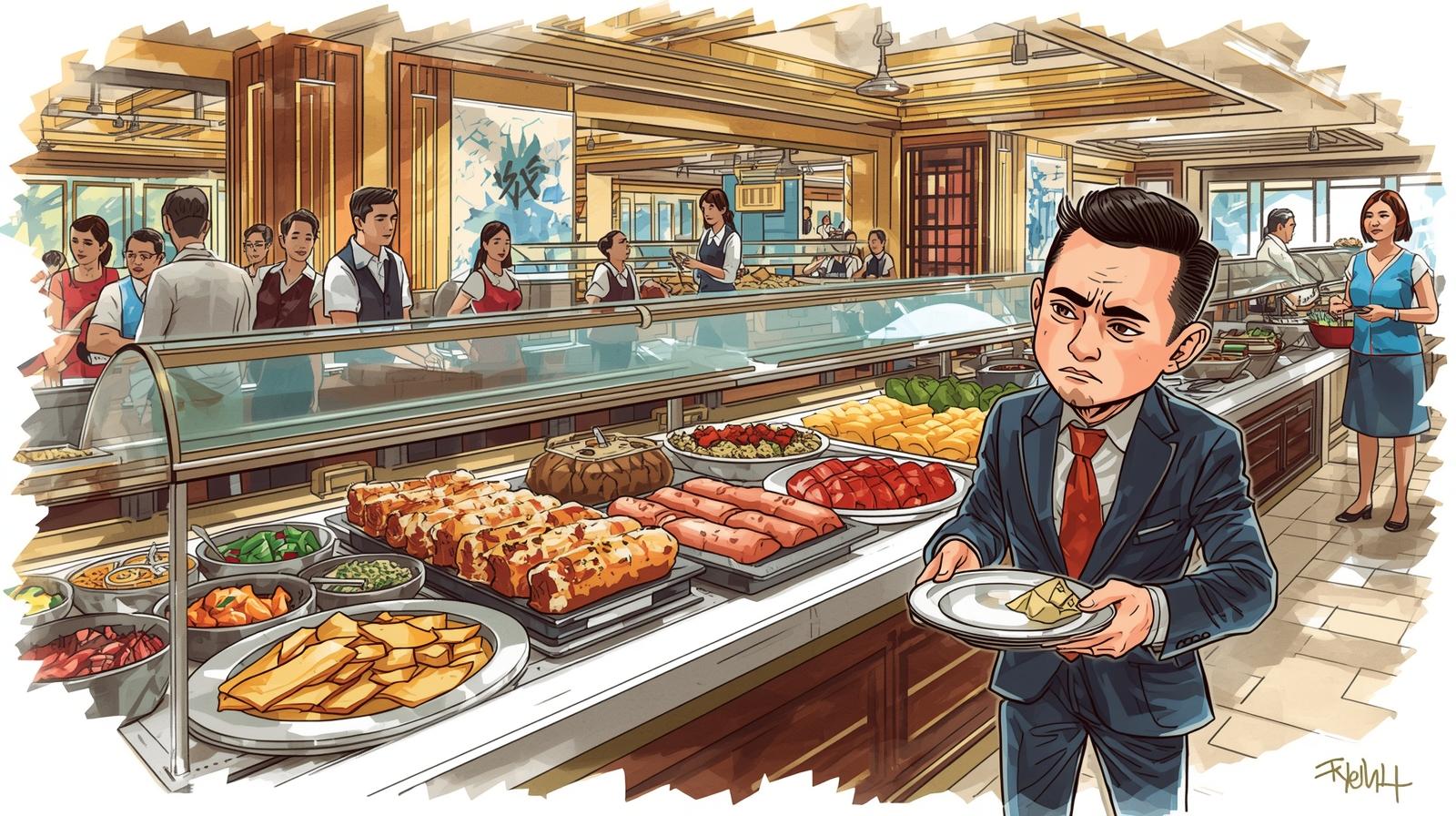 The Accounting "Buffet Dilemma": All You Can See, Not All You Can Get π½οΈ A colour sketch of a frustrated East Asian businessman in a suit at a luxurious hotel buffet. He holds a small plate with very little food, looking annoyed, while standing in front of an abundant, massive spread of gourmet dishes.