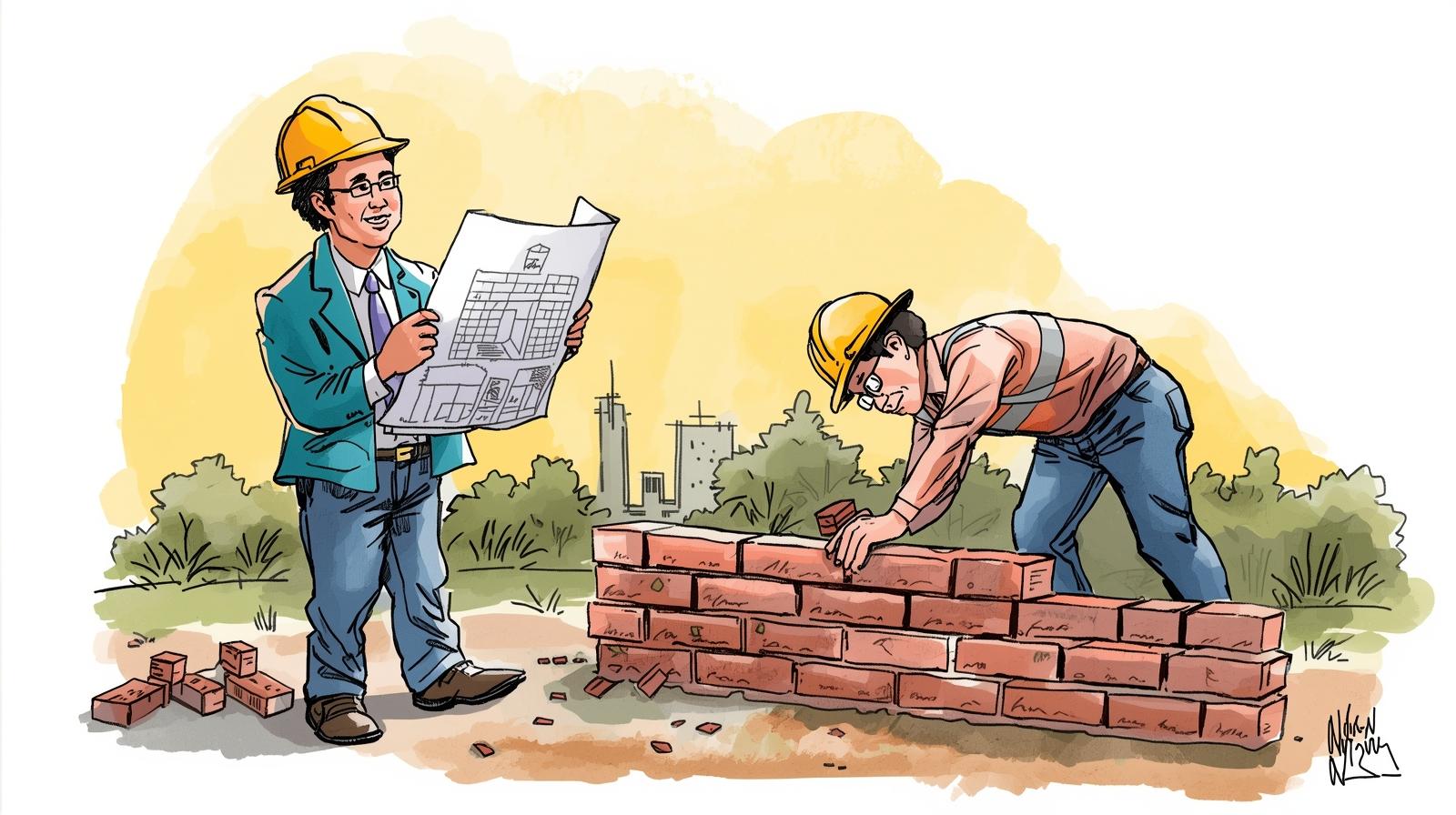 The Auditor vs. The Bookkeeper: Two Different Skills ποΈ A colour sketch showing two figures at a construction site: an architect, appearing to be Malaysian Chinese, standing and reviewing a blueprint, while a construction worker bends down to meticulously lay bricks for a wall.
