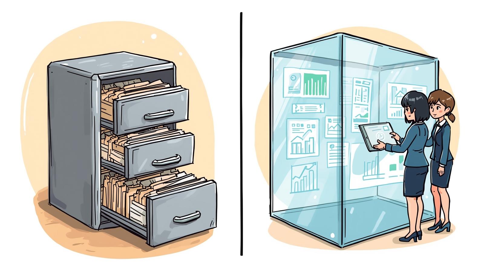 The "Black Box" β¬ vs. The "Glass Box" β¬: Which Holds Your Data? A side-by-side colour sketch contrasting traditional and modern accounting. The left panel shows an overflowing metal filing cabinet. The right panel shows two businesswomen collaboratively viewing digital financial charts inside a transparent 'glass box'.