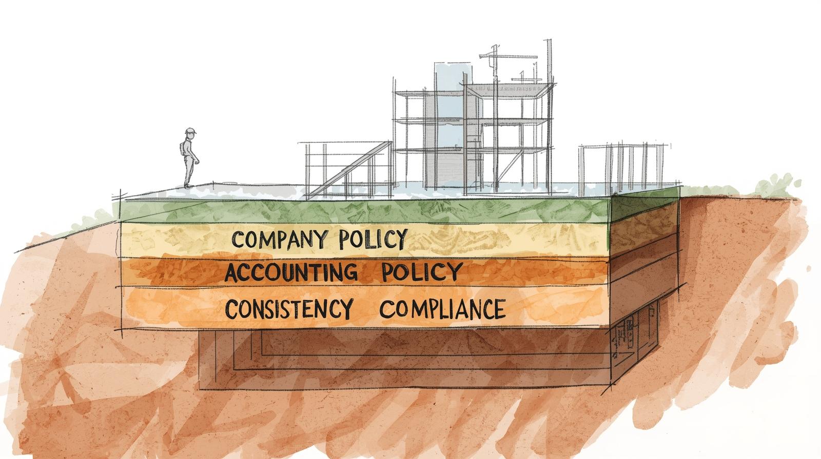 The Foundation of Your Business: Why Policies Matter ποΈ A colour sketch showing a cross-section of a building's foundation. The foundation is built in distinct layers, clearly labelled "Company Policy," "Accounting Policy," "Consistency," and "Compliance," with a building being constructed on top.