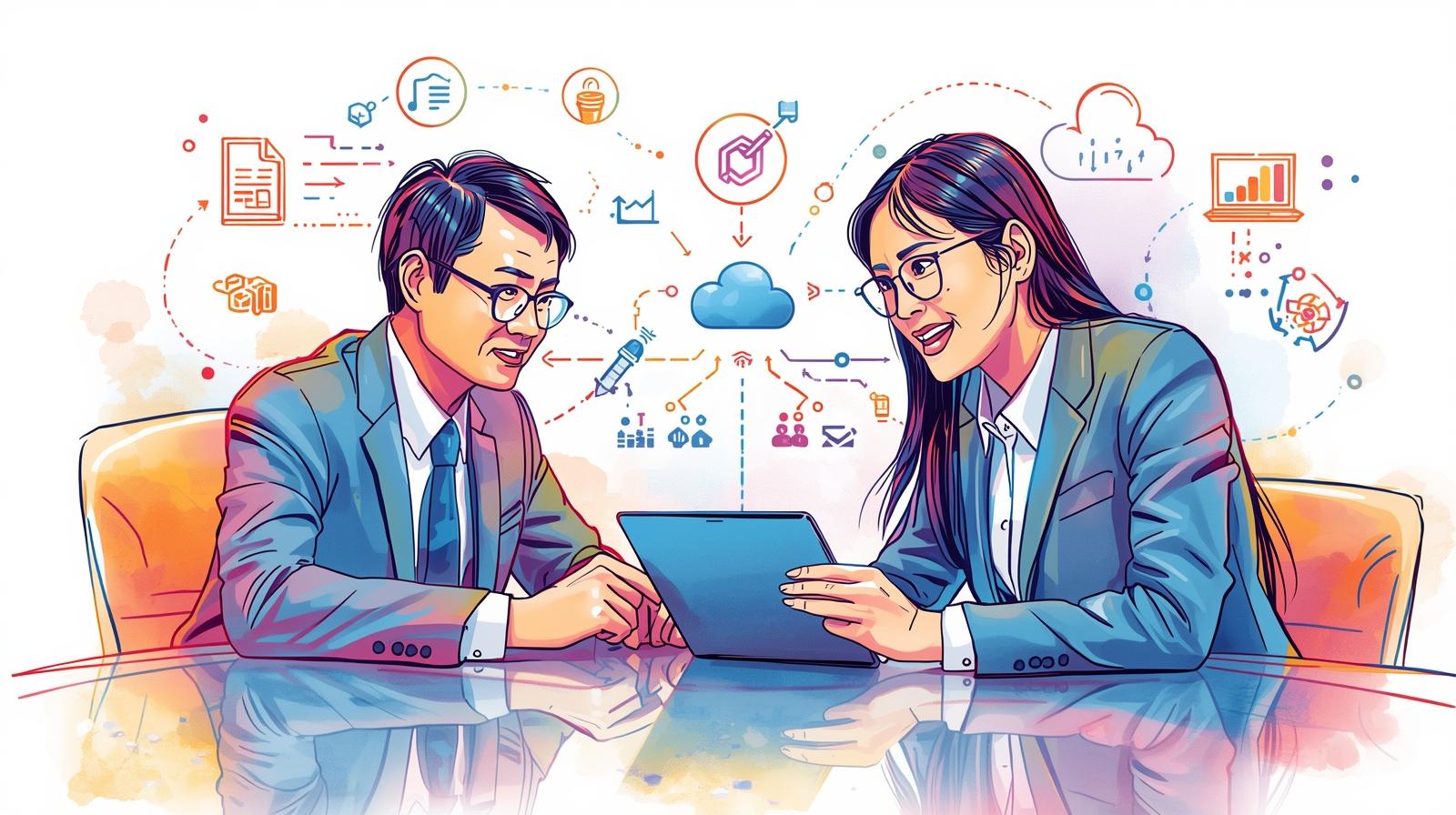 The LTT Approach: Cloud, Clarity, and Collaboration β¨ A colour sketch of a male business client and a female representative at a table, collaboratively viewing a tablet. Digital icons representing a cloud-based workflow and data analysis float around them.