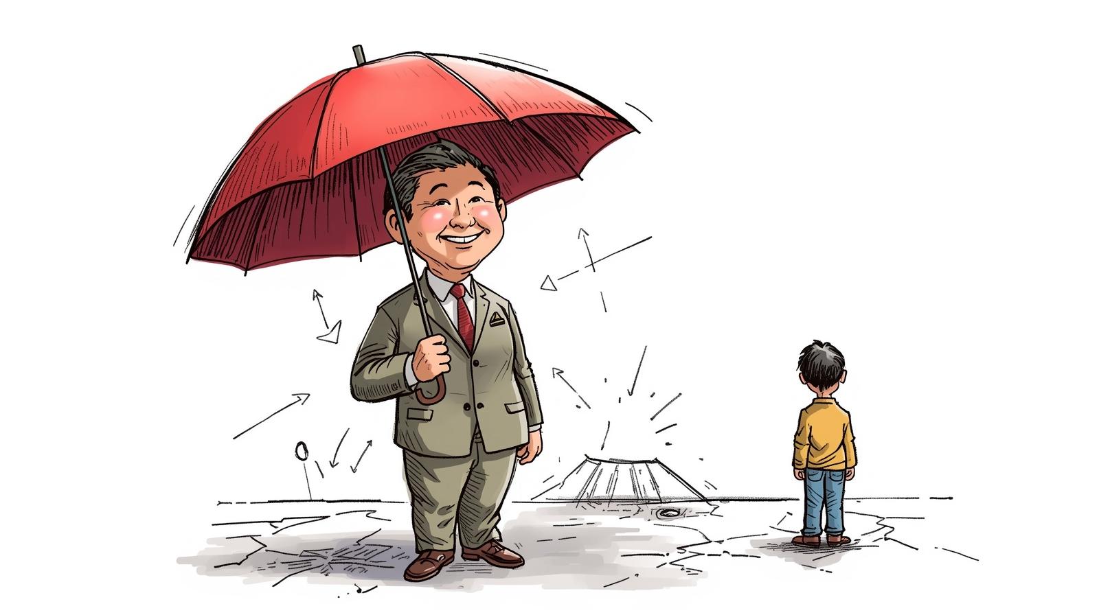 The "One-Stop Shop" Illusion: Are You Really Covered? βοΈ A colour sketch illustrating the 'one-stop shop' risk: a smiling accountant in a suit holds a large red umbrella, but only covers himself. A small boy, representing the client, stands nearby, completely unprotected from sketched arrows and a hole in the ground, symbolising hidden dangers.