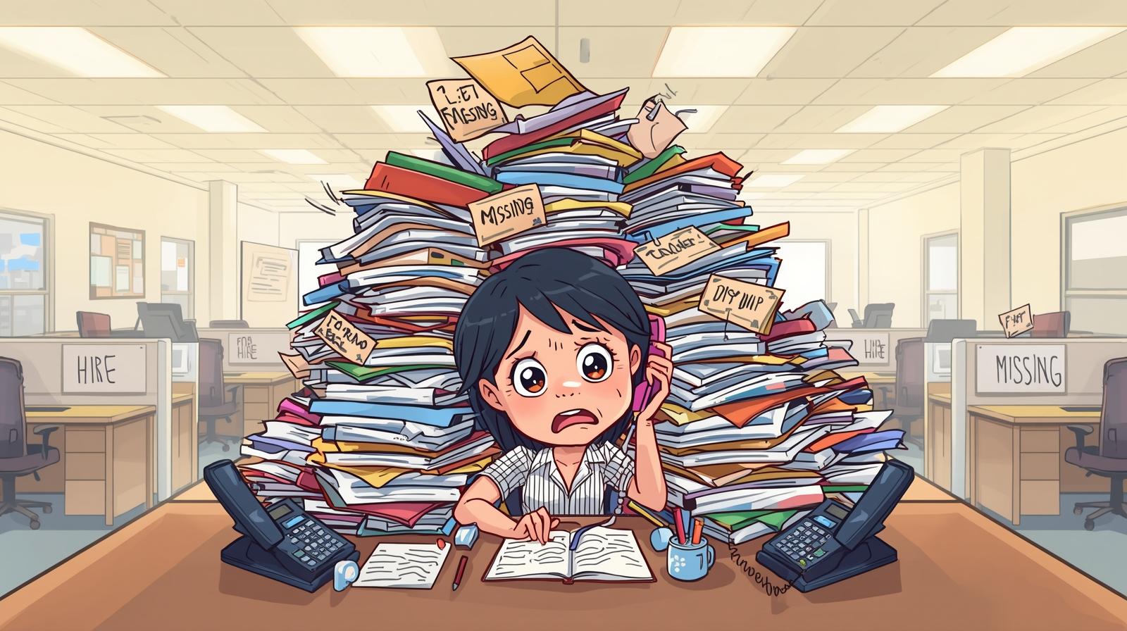 The Service Industry's Secret: A Shortage of Skilled Hands π©βπΌ A cute cartoon illustration of an overwhelmed office worker, buried under a gigantic pile of paperwork, answering a phone. The background shows a large, empty office with signs on desks reading "HIRE" and "MISSING".