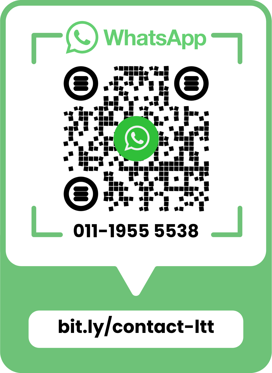 WhatsApp contact information: QR code, 011-1955 5538, and bit.ly/contact-ltt.